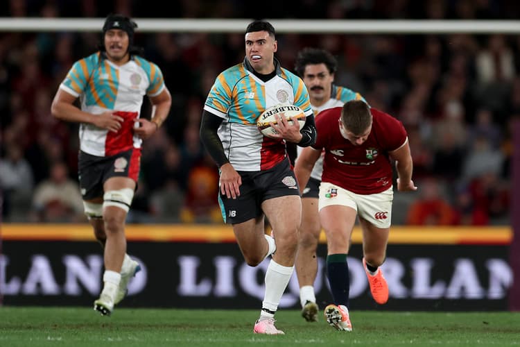 Jack Debreczeni (ball in hand) featured in the First Nations and Pasifika thriller against the British & Irish Lions clash in July