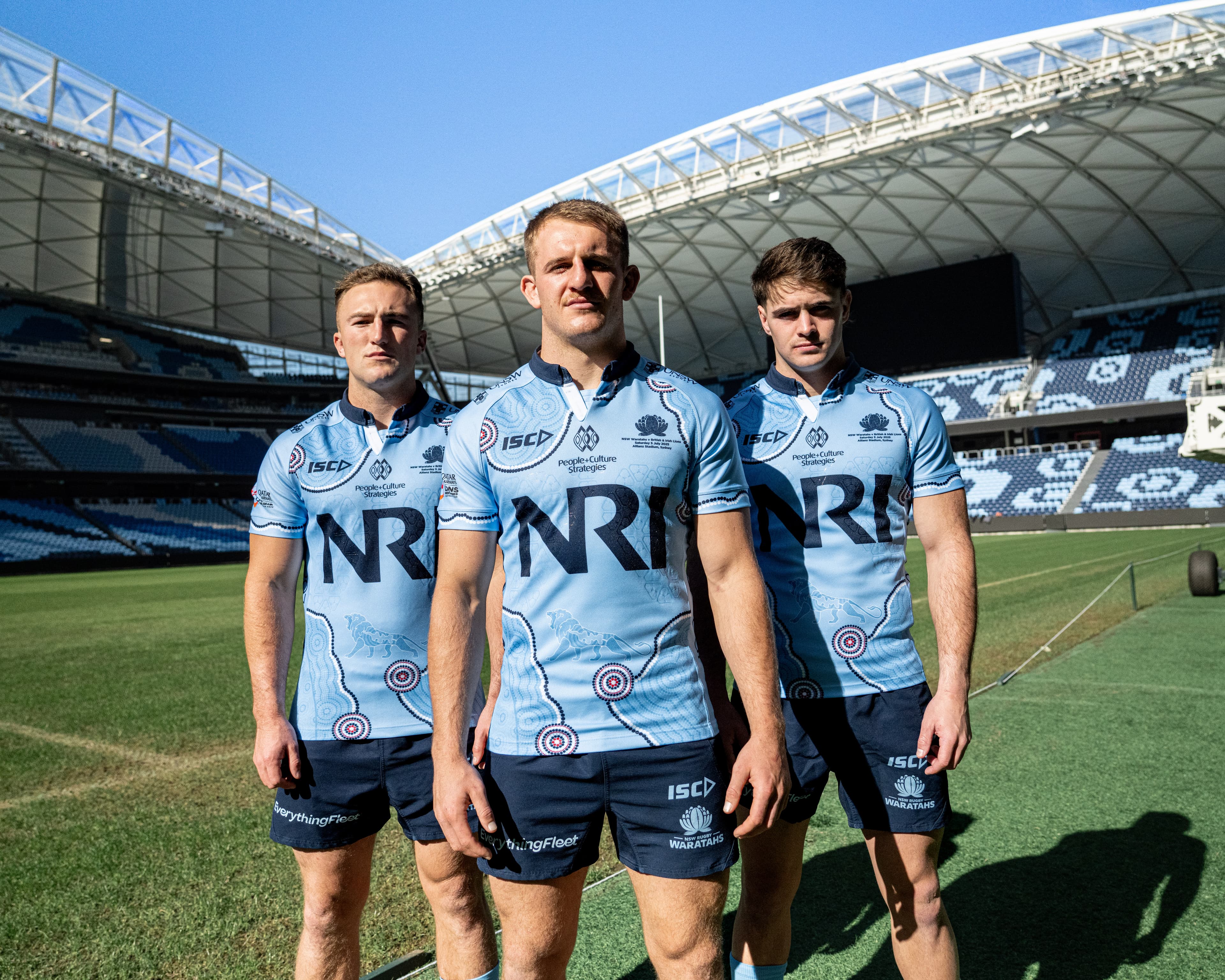 Buy Now: The official NSW Waratahs 2025 Lions Tour jersey, as worn by (left to right) Jack Bowen, Joey Walton and Teddy Wilson