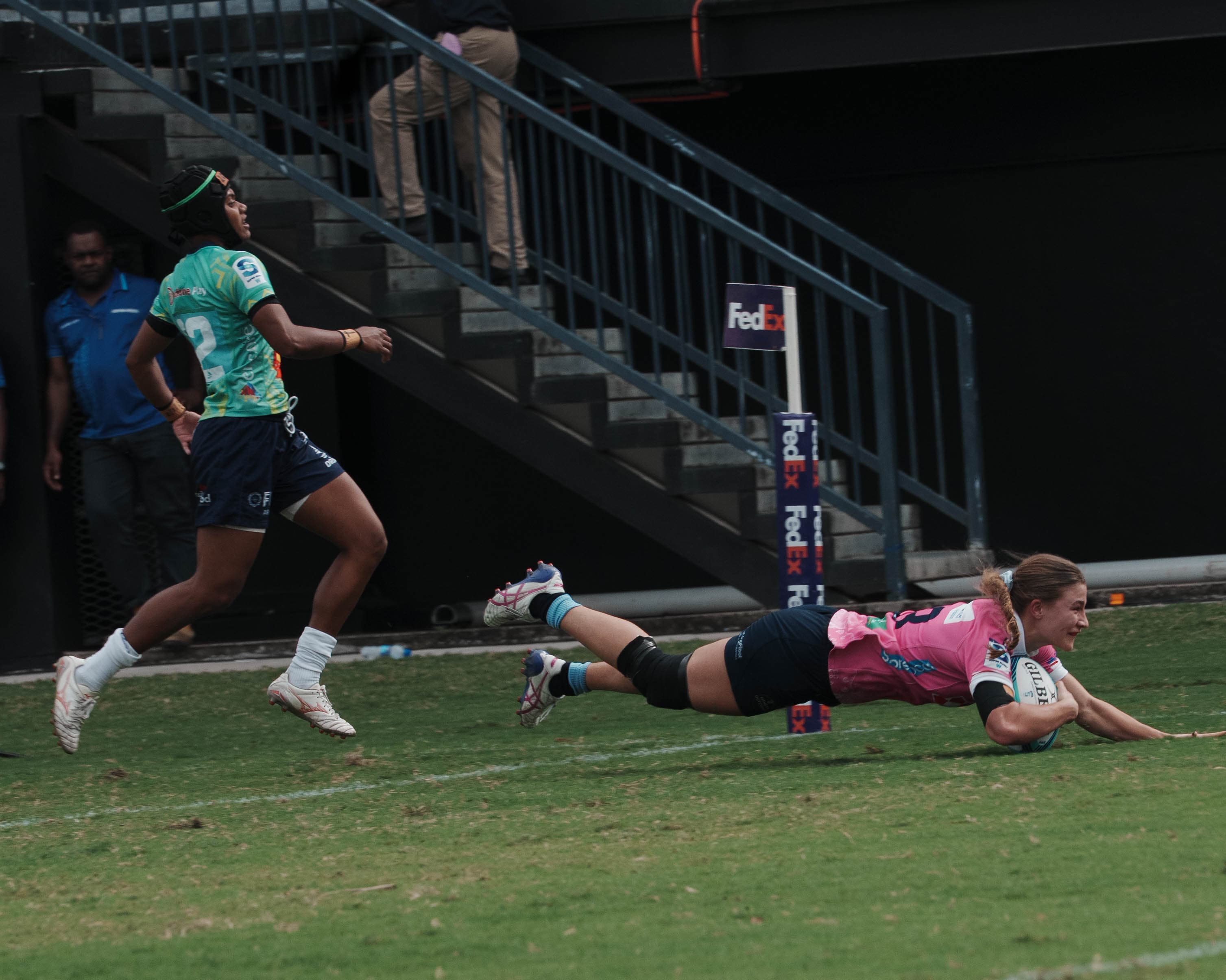 Amelia Whitaker scores a try for the NSW Waratahs in the 2026 Swyftx Super Rugby Women's Grand Final